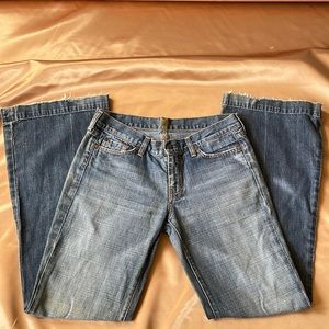 7 For All Mankind Dojo Distressed Denim Bootcut Jeans w/ Gold Thread 30”